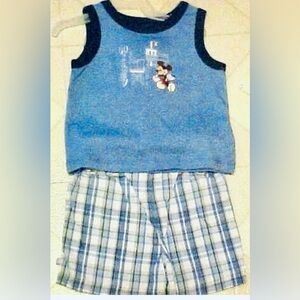 Mickey Mouse Baby Outfit 3-6 Month Sleeveless T-Shirt Plaid Shorts By Disney